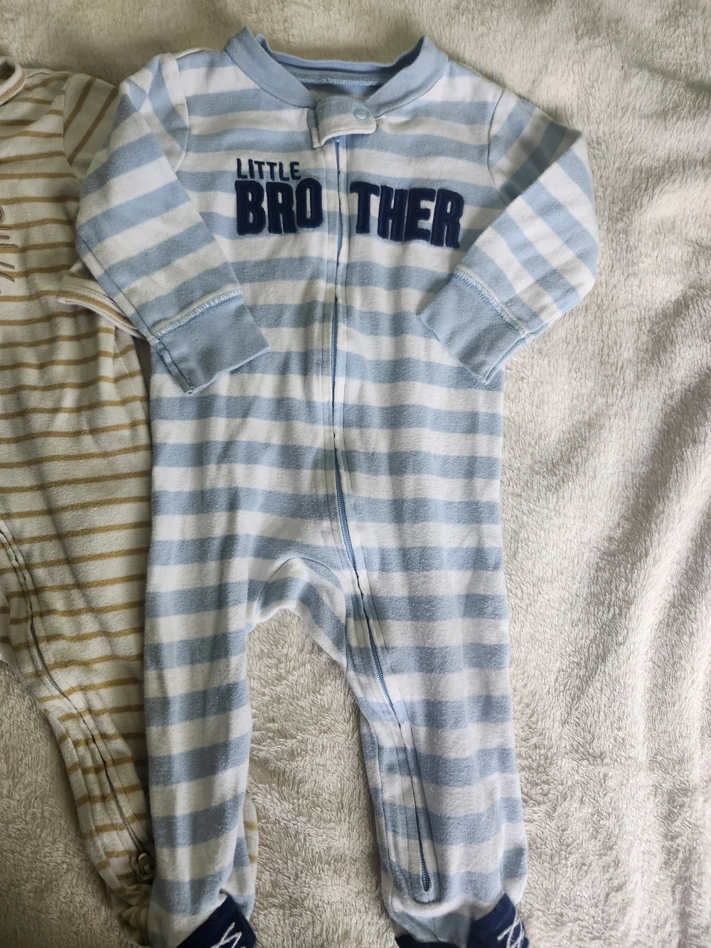 Striped Baby One-Piece Footed Pajamas - Blue Little Brother & Cream Lion